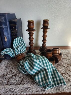 Wooden Candlesticks and Napkin Rings Set
